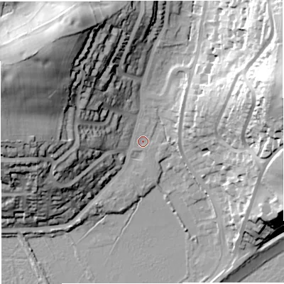 Shaded relief map of the ground around DT36JN, computed from Environment Agency LiDAR. The ground here sits at about 5 m above sea level and falls 49 m across the surrounding 800 m. Surface water reaching this point runs off ground lying to the east-north-east, 43.3 m higher.