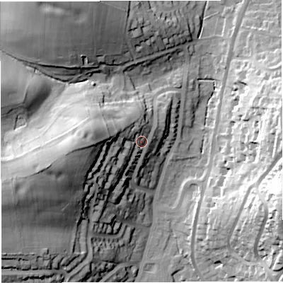 Shaded relief map of the ground around DT36JT, computed from Environment Agency LiDAR. The ground here sits at about 21 m above sea level and falls 43 m across the surrounding 800 m. Surface water reaching this point runs off ground lying to the west, 14.4 m higher.