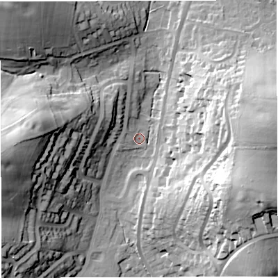 Shaded relief map of the ground around DT36JU, computed from Environment Agency LiDAR. The ground here sits at about 8 m above sea level and falls 47 m across the surrounding 800 m. Surface water reaching this point runs off ground lying to the west-north-west, 2.4 m higher.