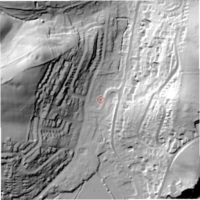 Shaded relief map of the ground around DT36JX, computed from Environment Agency LiDAR. The ground here sits at about 6 m above sea level and falls 48 m across the surrounding 800 m. Surface water reaching this point runs off ground lying to the east, 43.2 m higher.