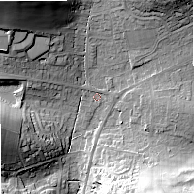 Shaded relief map of the ground around DT36LA, computed from Environment Agency LiDAR. The ground here sits at about 15 m above sea level and falls 45 m across the surrounding 800 m. Surface water reaching this point runs off ground lying to the north-west, 37.9 m higher.