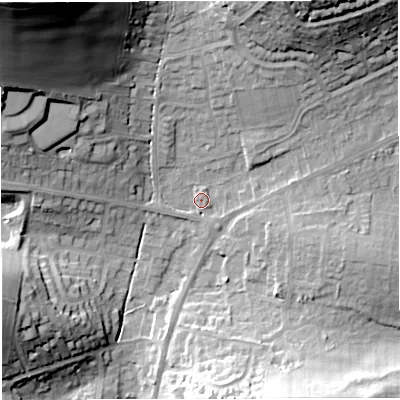 Shaded relief map of the ground around DT36LB, computed from Environment Agency LiDAR. The ground here sits at about 17 m above sea level and falls 53 m across the surrounding 800 m. Surface water reaching this point runs off ground lying to the north-north-east, 24.2 m higher.