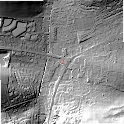 Shaded relief map of the ground around DT36LD, computed from Environment Agency LiDAR. The ground here sits at about 15 m above sea level and falls 44 m across the surrounding 800 m. Surface water reaching this point runs off ground lying to the north-north-east, 19.1 m higher.