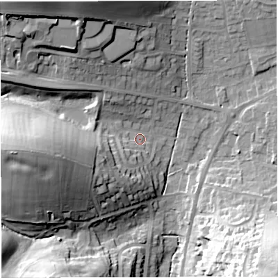 Shaded relief map of the ground around DT36LE, computed from Environment Agency LiDAR. The ground here sits at about 15 m above sea level and falls 37 m across the surrounding 800 m. Surface water reaching this point runs off ground lying to the north-west, 30.3 m higher.