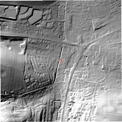 Shaded relief map of the ground around DT36LF, computed from Environment Agency LiDAR. The ground here sits at about 13 m above sea level and falls 41 m across the surrounding 800 m. Surface water reaching this point runs off ground lying to the north-west, 29.0 m higher.