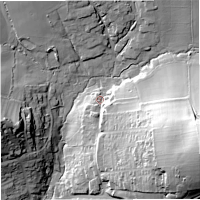 Shaded relief map of the ground around DT36LN, computed from Environment Agency LiDAR. The ground here sits at about 21 m above sea level and falls 64 m across the surrounding 800 m. Surface water reaching this point runs off ground lying to the east-south-east, 44.8 m higher.