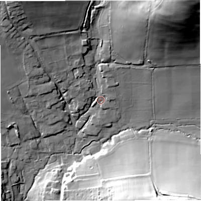 Shaded relief map of the ground around DT36LW, computed from Environment Agency LiDAR. The ground here sits at about 21 m above sea level and falls 59 m across the surrounding 800 m. Surface water reaching this point runs off ground lying to the north-east, 52.5 m higher.