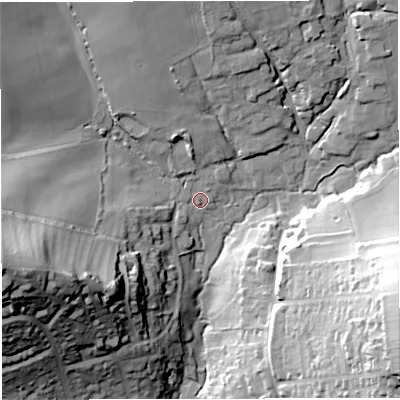 Shaded relief map of the ground around DT36LZ, computed from Environment Agency LiDAR. The ground here sits at about 16 m above sea level and falls 53 m across the surrounding 800 m. Surface water reaching this point runs off ground lying to the west-south-west, 48.3 m higher.
