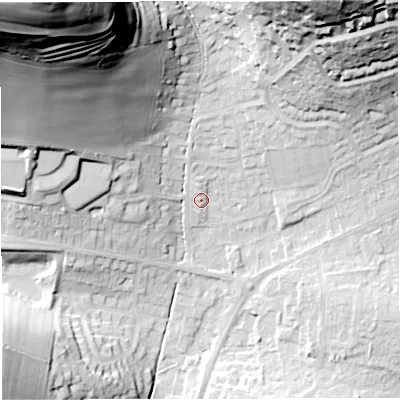 Shaded relief map of the ground around DT36NH, computed from Environment Agency LiDAR. The ground here sits at about 19 m above sea level and falls 87 m across the surrounding 800 m. Surface water reaching this point runs off ground lying to the north-north-west, 4.1 m higher.