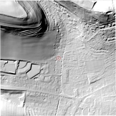 Shaded relief map of the ground around DT36NJ, computed from Environment Agency LiDAR. The ground here sits at about 23 m above sea level and falls 91 m across the surrounding 800 m. Surface water reaching this point runs off ground lying to the north-west, 75.9 m higher.