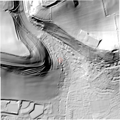 Shaded relief map of the ground around DT36NL, computed from Environment Agency LiDAR. The ground here sits at about 36 m above sea level and falls 86 m across the surrounding 800 m. Surface water reaching this point runs off ground lying to the west, 42.2 m higher.