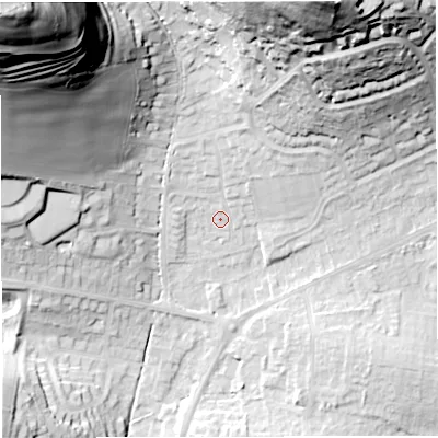 Shaded relief map of the ground around DT36NP, computed from Environment Agency LiDAR. The ground here sits at about 20 m above sea level and falls 88 m across the surrounding 800 m. Surface water reaching this point runs off ground lying to the north, 5.8 m higher.