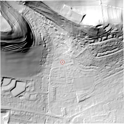 Shaded relief map of the ground around DT36NR, computed from Environment Agency LiDAR. The ground here sits at about 25 m above sea level and falls 87 m across the surrounding 800 m. Surface water reaching this point runs off ground lying to the north-north-east, 47.6 m higher.