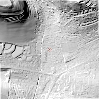 Shaded relief map of the ground around DT36NW, computed from Environment Agency LiDAR. The ground here sits at about 20 m above sea level and falls 90 m across the surrounding 800 m. Surface water reaching this point runs off ground lying to the north-north-east, 5.0 m higher.