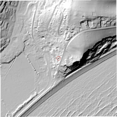 Shaded relief map of the ground around DT36PN, computed from Environment Agency LiDAR. The ground here sits at about 13 m above sea level and falls 51 m across the surrounding 800 m. Surface water reaching this point runs off ground lying to the north-east, 25.5 m higher.