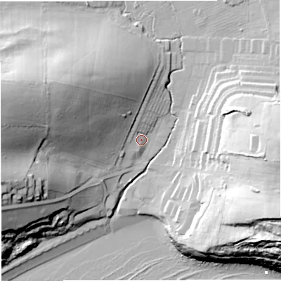 Shaded relief map of the ground around DT36PP, computed from Environment Agency LiDAR. The ground here sits at about 7 m above sea level and falls 47 m across the surrounding 800 m. Surface water reaching this point runs off ground lying to the west-north-west, 36.4 m higher.