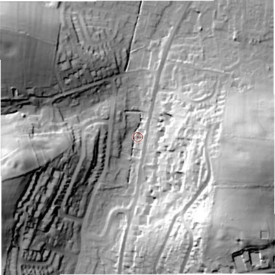 Shaded relief map of the ground around DT36PY, computed from Environment Agency LiDAR. The ground here sits at about 9 m above sea level and falls 45 m across the surrounding 800 m. Surface water reaching this point runs off ground lying to the east-south-east, 41.9 m higher.