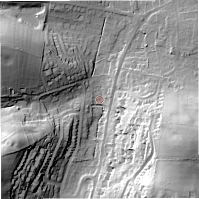 Shaded relief map of the ground around DT36QS, computed from Environment Agency LiDAR. The ground here sits at about 10 m above sea level and falls 44 m across the surrounding 800 m. Surface water reaching this point runs off ground lying to the east-south-east, 40.6 m higher.