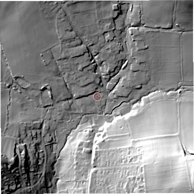 Shaded relief map of the ground around DT36RS, computed from Environment Agency LiDAR. The ground here sits at about 17 m above sea level and falls 66 m across the surrounding 800 m. Surface water reaching this point runs off ground lying to the north-north-west, 3.8 m higher.