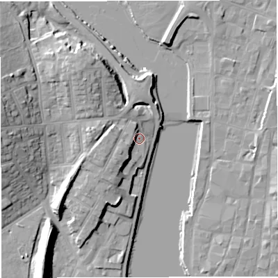 Shaded relief map of the ground around DT40UA, computed from Environment Agency LiDAR. The ground here sits at about 4 m above sea level and falls 16 m across the surrounding 800 m. Surface water reaching this point runs off ground lying to the south-west, 6.5 m higher.