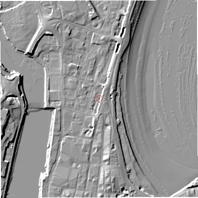 Shaded relief map of the ground around DT47AA, computed from Environment Agency LiDAR. The ground here sits at about 2 m above sea level and falls 10 m across the surrounding 800 m. Surface water reaching this point runs off ground lying to the south, 2.3 m higher.
