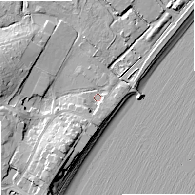 Shaded relief map of the ground around DT47AG, computed from Environment Agency LiDAR. The ground here sits at about 3 m above sea level and falls 16 m across the surrounding 800 m. Surface water reaching this point runs off ground lying to the south-south-west, 5.3 m higher.