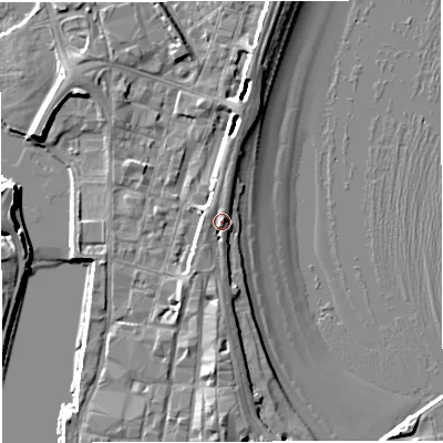 Shaded relief map of the ground around DT47AN, computed from Environment Agency LiDAR. The ground here sits at about 4 m above sea level and falls 7 m across the surrounding 800 m. Surface water reaching this point runs off ground lying to the south, 2.7 m higher.