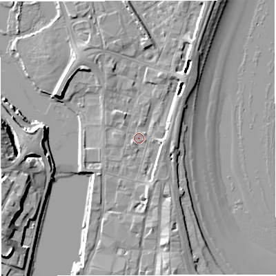 Shaded relief map of the ground around DT47AP, computed from Environment Agency LiDAR. The ground here sits at about 2 m above sea level and falls 11 m across the surrounding 800 m. Surface water reaching this point runs off ground lying to the south-south-east, 4.2 m higher.