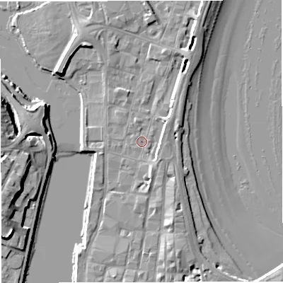 Shaded relief map of the ground around DT47AR, computed from Environment Agency LiDAR. The ground here sits at about 2 m above sea level and falls 11 m across the surrounding 800 m. The ground contributing surface water to this point lies to the south.
