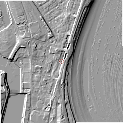 Shaded relief map of the ground around DT47AT, computed from Environment Agency LiDAR. The ground here sits at about 2 m above sea level and falls 7 m across the surrounding 800 m. Surface water reaching this point runs off ground lying to the south, 4.2 m higher.