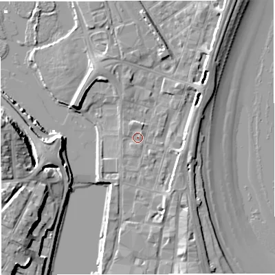 Shaded relief map of the ground around DT47AW, computed from Environment Agency LiDAR. The ground here sits at about 2 m above sea level and falls 12 m across the surrounding 800 m. Surface water reaching this point runs off ground lying to the south-south-east, 4.2 m higher.