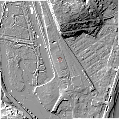 Shaded relief map of the ground around DT47BG, computed from Environment Agency LiDAR. The ground here sits at about 3 m above sea level and falls 15 m across the surrounding 800 m. The ground contributing surface water to this point lies to the south-east.