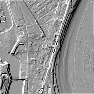 Shaded relief map of the ground around DT47BH, computed from Environment Agency LiDAR. The ground here sits at about 3 m above sea level and falls 9 m across the surrounding 800 m. Surface water reaching this point runs off ground lying to the north-east, 3.5 m higher.