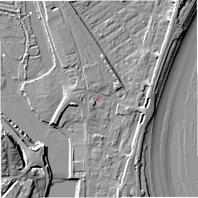 Shaded relief map of the ground around DT47BJ, computed from Environment Agency LiDAR. The ground here sits at about 2 m above sea level and falls 12 m across the surrounding 800 m. Surface water reaching this point runs off ground lying to the west, 2.4 m higher.