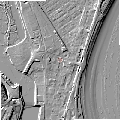 Shaded relief map of the ground around DT47BP, computed from Environment Agency LiDAR. The ground here sits at about 2 m above sea level and falls 11 m across the surrounding 800 m. Surface water reaching this point runs off ground lying to the south-south-west, 1.4 m higher.