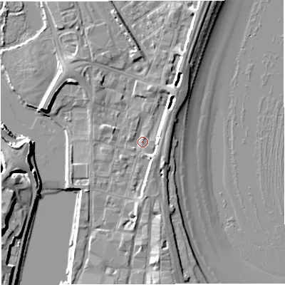 Shaded relief map of the ground around DT47DA, computed from Environment Agency LiDAR. The ground here sits at about 2 m above sea level and falls 10 m across the surrounding 800 m. Surface water reaching this point runs off ground lying to the south, 3.5 m higher.
