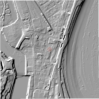 Shaded relief map of the ground around DT47DD, computed from Environment Agency LiDAR. The ground here sits at about 2 m above sea level and falls 11 m across the surrounding 800 m. Surface water reaching this point runs off ground lying to the south, 4.2 m higher.