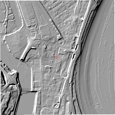 Shaded relief map of the ground around DT47DE, computed from Environment Agency LiDAR. The ground here sits at about 1 m above sea level and falls 11 m across the surrounding 800 m. Surface water reaching this point runs off ground lying to the south-west, 1.4 m higher.