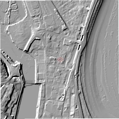 Shaded relief map of the ground around DT47DF, computed from Environment Agency LiDAR. The ground here sits at about 2 m above sea level and falls 11 m across the surrounding 800 m. Surface water reaching this point runs off ground lying to the south-south-east, 4.2 m higher.