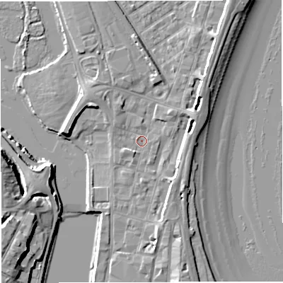 Shaded relief map of the ground around DT47DG, computed from Environment Agency LiDAR. The ground here sits at about 2 m above sea level and falls 11 m across the surrounding 800 m. Surface water reaching this point runs off ground lying to the south-south-west, 1.4 m higher.
