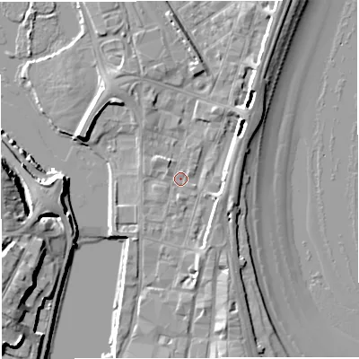 Shaded relief map of the ground around DT47DH, computed from Environment Agency LiDAR. The ground here sits at about 2 m above sea level and falls 11 m across the surrounding 800 m. Surface water reaching this point runs off ground lying to the south-south-east, 4.2 m higher.