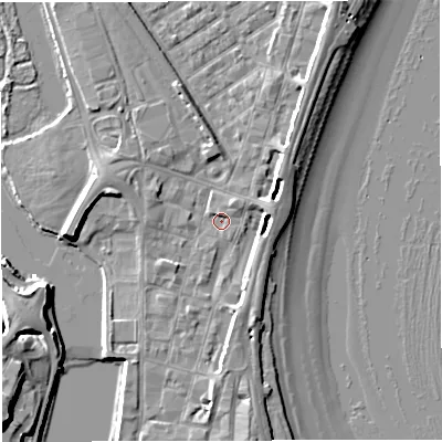 Shaded relief map of the ground around DT47DL, computed from Environment Agency LiDAR. The ground here sits at about 2 m above sea level and falls 10 m across the surrounding 800 m. Surface water reaching this point runs off ground lying to the north-east, 3.5 m higher.