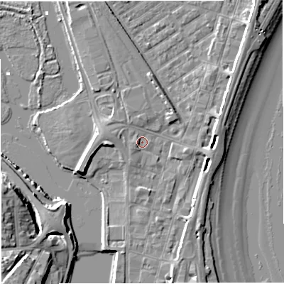 Shaded relief map of the ground around DT47DN, computed from Environment Agency LiDAR. The ground here sits at about 2 m above sea level and falls 12 m across the surrounding 800 m. Surface water reaching this point runs off ground lying to the west-south-west, 1.6 m higher.