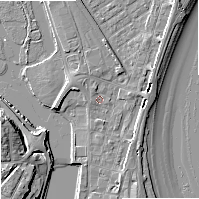 Shaded relief map of the ground around DT47DP, computed from Environment Agency LiDAR. The ground here sits at about 2 m above sea level and falls 12 m across the surrounding 800 m. Surface water reaching this point runs off ground lying to the south-south-east, 1.4 m higher.