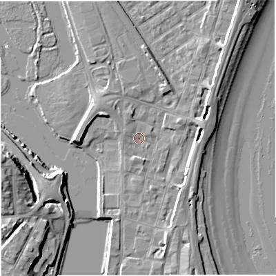 Shaded relief map of the ground around DT47DS, computed from Environment Agency LiDAR. The ground here sits at about 2 m above sea level and falls 12 m across the surrounding 800 m. Surface water reaching this point runs off ground lying to the south-south-east, 1.4 m higher.