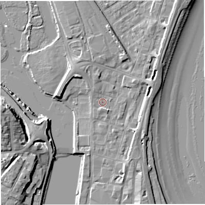 Shaded relief map of the ground around DT47DT, computed from Environment Agency LiDAR. The ground here sits at about 2 m above sea level and falls 12 m across the surrounding 800 m. Surface water reaching this point runs off ground lying to the south-east, 1.4 m higher.
