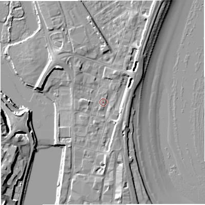 Shaded relief map of the ground around DT47DU, computed from Environment Agency LiDAR. The ground here sits at about 2 m above sea level and falls 11 m across the surrounding 800 m. Surface water reaching this point runs off ground lying to the south-south-east, 4.2 m higher.
