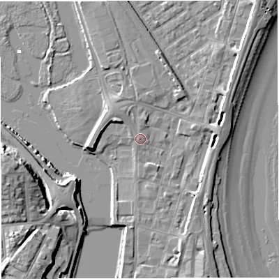 Shaded relief map of the ground around DT47DW, computed from Environment Agency LiDAR. The ground here sits at about 2 m above sea level and falls 13 m across the surrounding 800 m. Surface water reaching this point runs off ground lying to the south-east, 1.4 m higher.