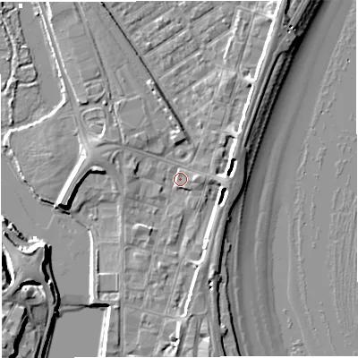 Shaded relief map of the ground around DT47DZ, computed from Environment Agency LiDAR. The ground here sits at about 2 m above sea level and falls 11 m across the surrounding 800 m. Surface water reaching this point runs off ground lying to the east-north-east, 3.5 m higher.
