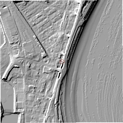 Shaded relief map of the ground around DT47EA, computed from Environment Agency LiDAR. The ground here sits at about 2 m above sea level and falls 8 m across the surrounding 800 m. Surface water reaching this point runs off ground lying to the east-north-east, 3.5 m higher.